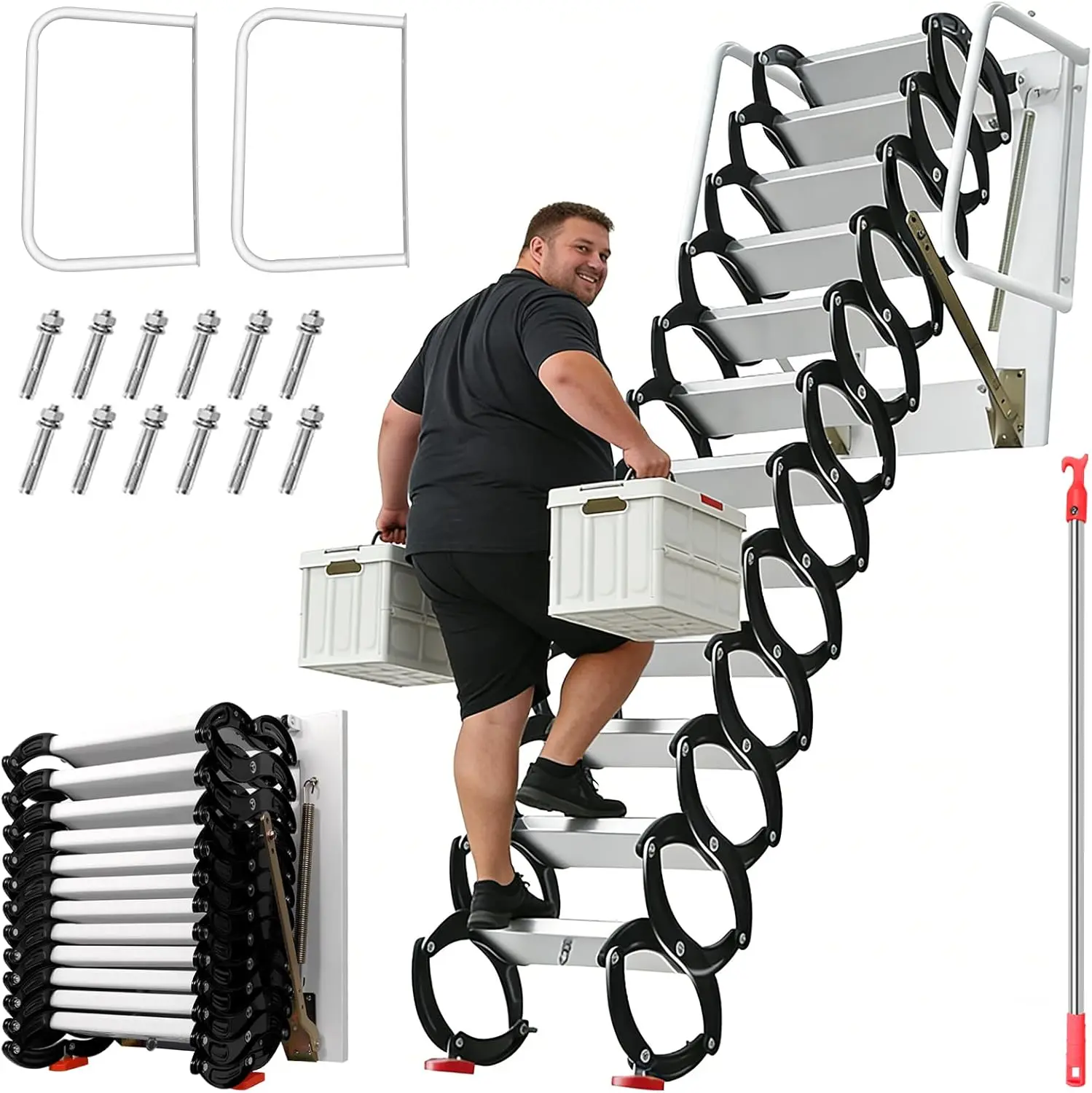 Aluminium Telescopic Extension Ladder - 10ft 12-Section Black/White Interlocking Aluminium-Magnesium Alloy Foldable Ladder, 27.5x23.6in, 1102lbs Max Load, Reinforced Guardrail, Cut Load-Bearing Structure, Anti-Slip Bases, Suitable for Attics, Warehouses,,