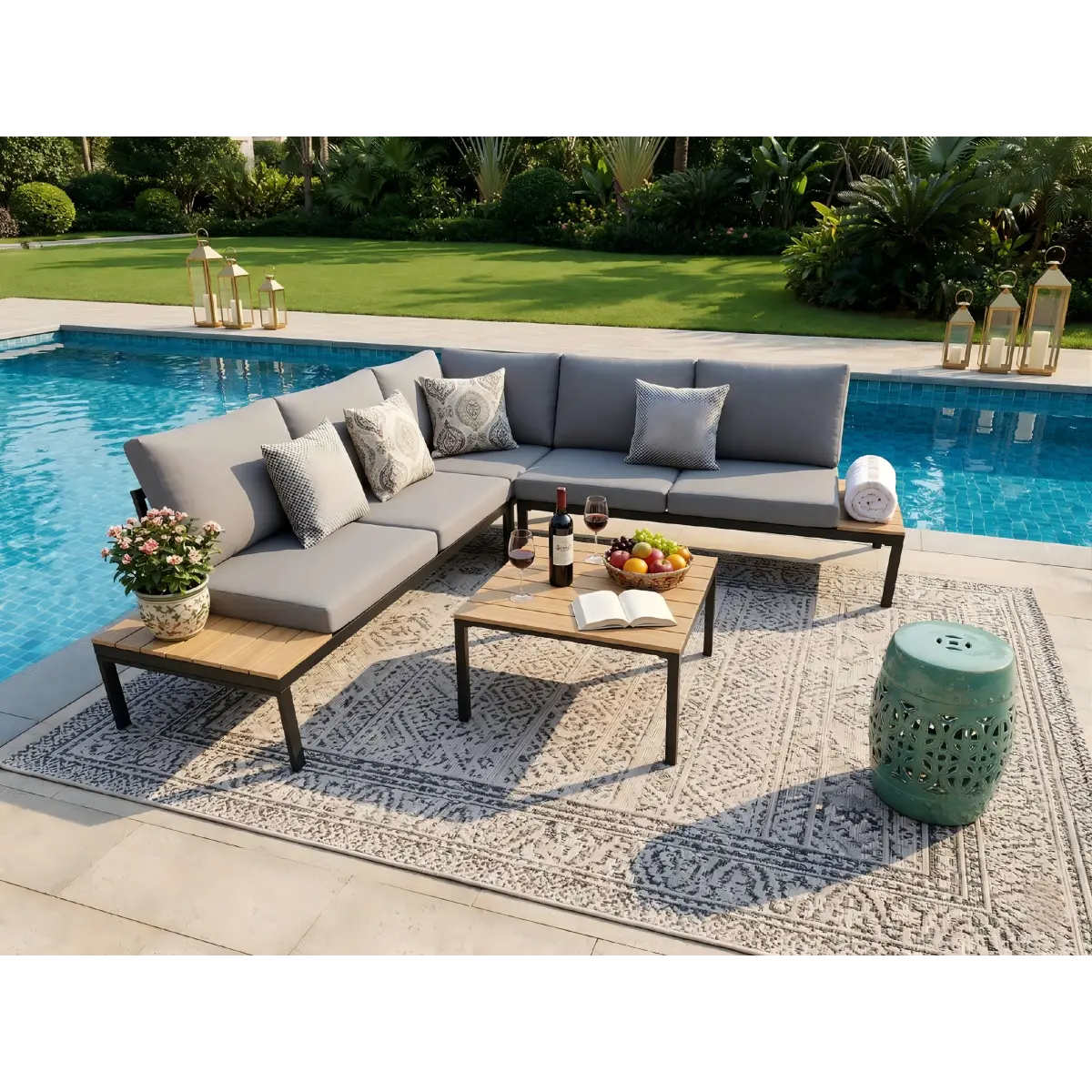 [Bellemave] 4-Piece Outdoor Patio Sectional Sofa Set with Washable Cushions, 1 Corner Sofa & 2 Double Sofa Seat & 1 Coffee Table﻿