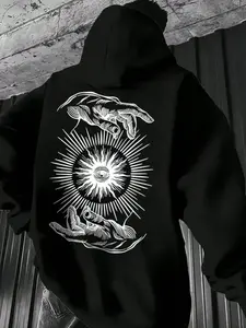 Vintage Dark Aesthetic Oversized Graphic Hoodie - Renaissance Hands & All-Seeing Eye Mystical Print - Premium Heavyweight Streetwear Sweatshirt for Grunge & Cyber-Y2K Outfits