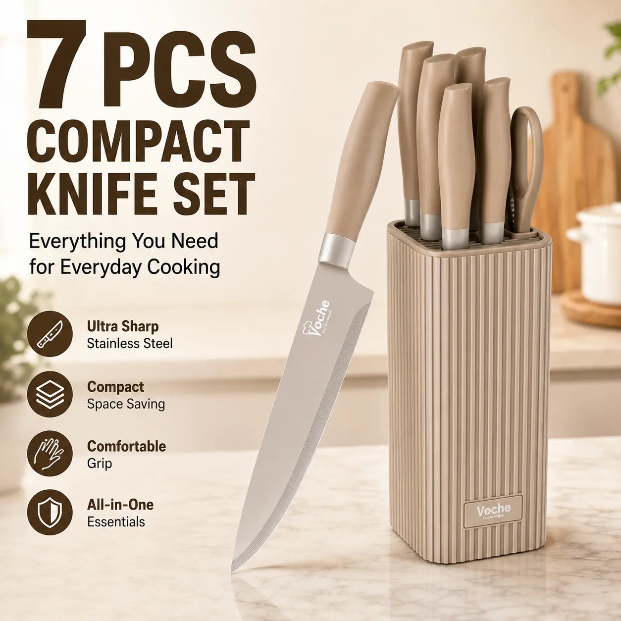 7-Piece Knife Set with Upgraded Drainage Knife Block – Space-Saving Kitchen Knives for Apartments and Small Kitchens, Sharp Stainless Steel Chef Knife Set with Scissors