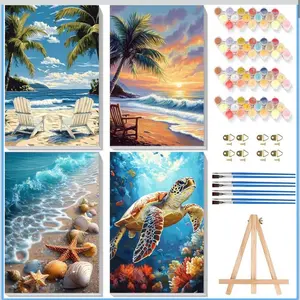 4 Pack Paint by Numbers for Adults with Framed Canvas - with Wooden Easel, Beach Paint by Number on Canvas, DIY Sea Turtle Acrylic Oil Painting Kits with Brushes for Home Wall Decor (8x12 inch)