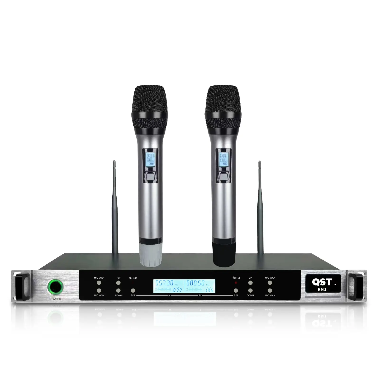 QST Wireless Microphone System, Two Channel Handheld AutoScan Adjustable Frequency Bands, 300ft Range, Dynamic All Purpose Karaoke RM1