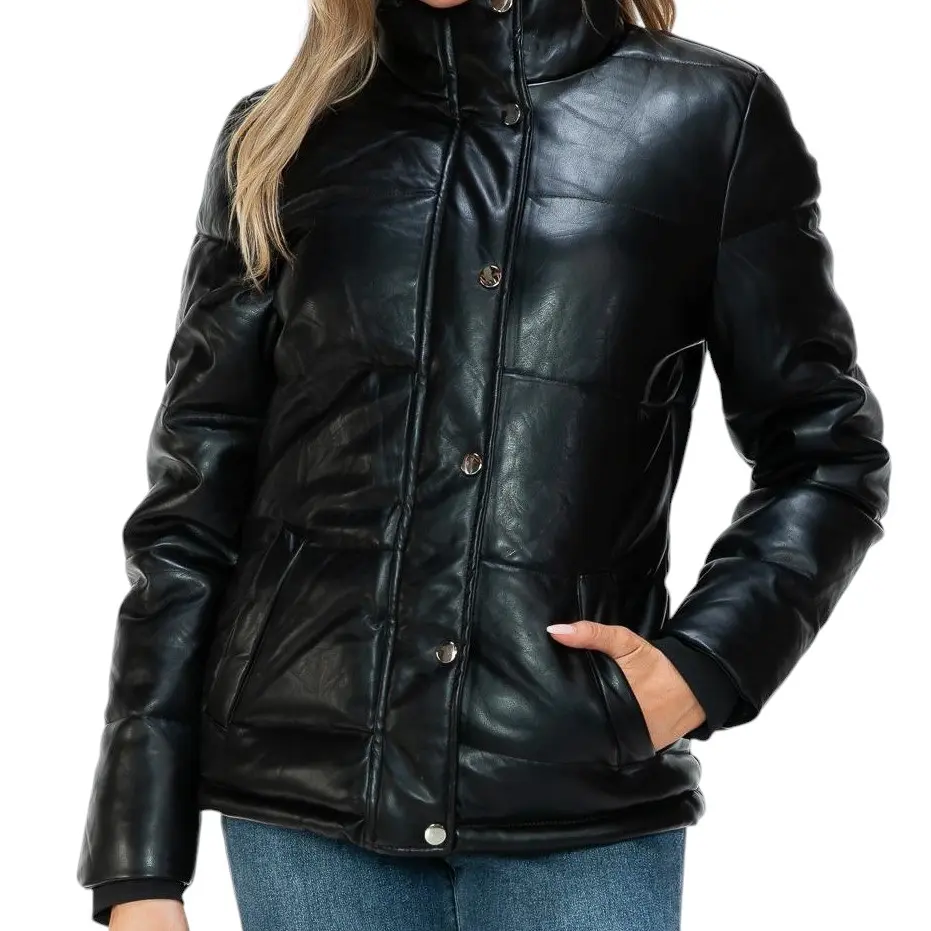 Pocketed Zip Up Turtleneck Puffer Jacket Basic Outerwear Women's Lightweight - 100% pleather, Comfort Womenswear