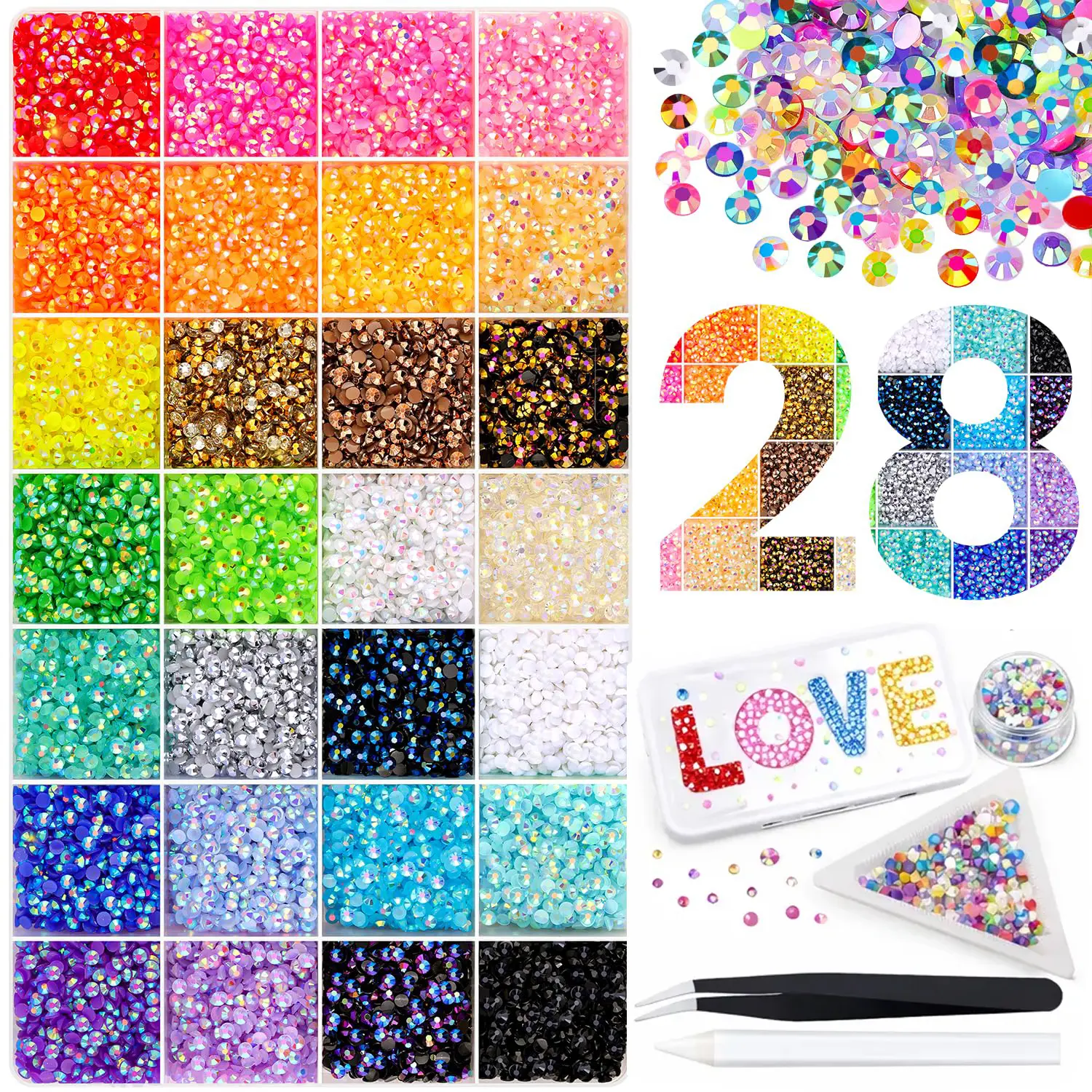 32000 Pcs Flatback Resin Rhinestones, 28-Color Crystal Gems Kit with Tweezers, 3mm for Nail Art, DIY Crafts & Bedazzling, Dazzle Look, Large Set, Multi Colors, Rainbow Mix, Resin Gems, Flat Back Rhinestones Nail Art Accessories, Crystal Rhinestone Diy Dec