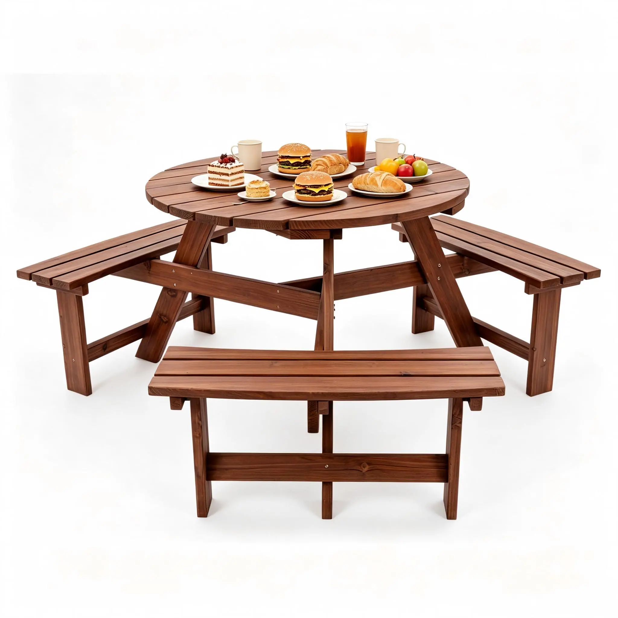 GARVEE 6 Person Wooden Picnic Table, Circular Picnic Tables | with 3 Built-in Benches, Outdoor Dining Table and Chairs Set with Umbrella Hole for Garden, Patio, Backyard,Walnut Brown