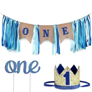 1st Birthday Boy Decorations with Crown - Boy First Birthday Decorations High Chair Banner - Cake Smash Party Supplies - Happy Birthday ONE Burlap Banner, No.1 Gold and Blue Crown