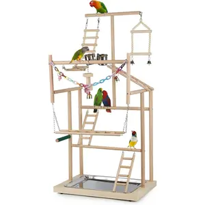 Pet Parrot Playstand Parrots Bird Playground Bird Play Stand Wood Perch Gym Playpen Ladder with Feeder Cups Bells for Cockatiel Parakeet (4 Layers)