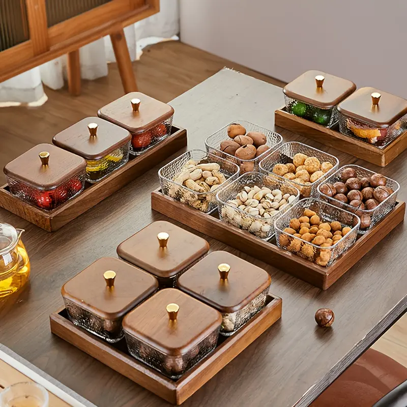 Glass Tray Set with Grid Lid and Knob, Elegant Fruit Nut Dessert Display, Snack Storage Box, Multi-Functional Food Grade Dishware, Kitchen Storage Food, Snack Containers, Containers with Lids