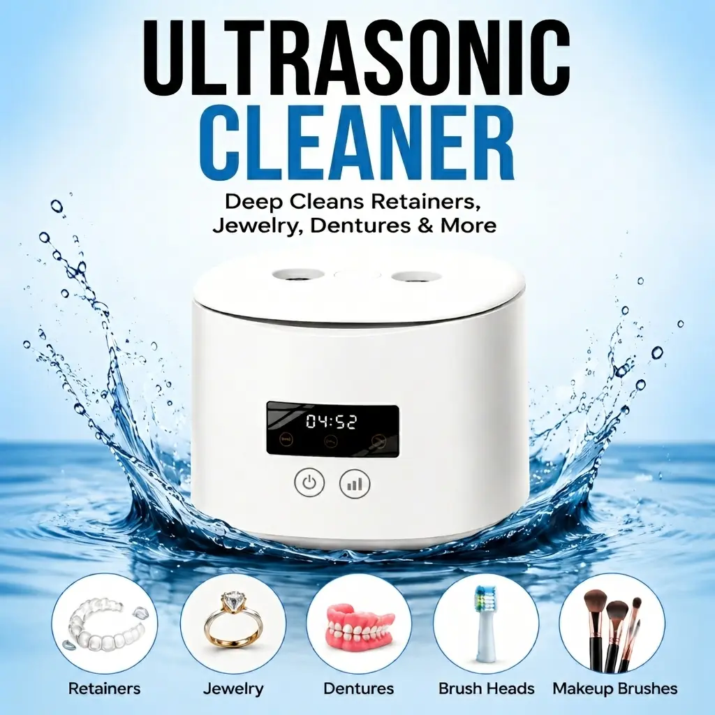 Ultrasonic Denture Cleaner Machine - 45kHz, 200ML, Double Hole Design & Low Noise, Travel/Office Use, Deep Cleaning Dental Stain Remover Denture Baths for Aligners, Mouth Guards, Toothbrush Heads, Jewelry, Ultrasonic Cleaner