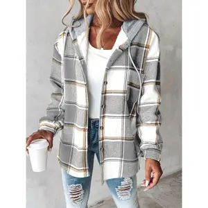 New[Plaid Shacket] Warm Plaid Long Sleeve Shacket - Button Fleece Lined Hooded Jackets Coat Fabric Womenswear