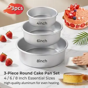 Aluminum 3-Piece Round Cake Pan Set, 4/6/8 Inch Essential Sizes, High-Quality Aluminum for Even Heating, Durable & Perfect for Baking, Baking Tools