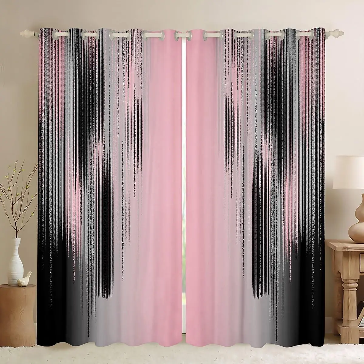 Feelyou Pink and Black Gradient Modern Art Velvet 2-Panel Grommet Drapes - Soft Texture, Multi-Size, 30%-50% Sun-Blocking, Privacy Window Treatment, Blackout Curtains, Blinds and Curtains, Girly House Accessories, Room Decor, Bedroom Inspo, Home Textile