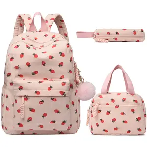 Makukke Kawaii Girls' School Backpack - Adorable Corduroy 3-in-1 School Bookbag with Lunch Box & Pencil Case for Age 8-10 Kids Durable