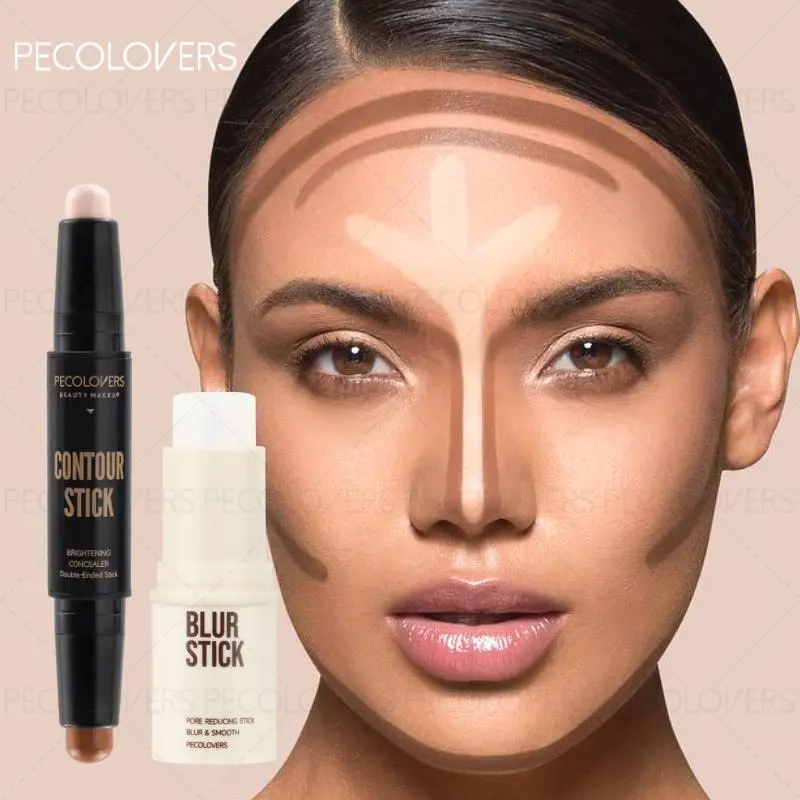 [2pcs Set] Double-Ended Contour Stick + Pore Minimizer Primer Stick, Waterproof And Sweat-Proof, Brightening Makeup, Facial Makeup, Contouring And Concealing, Covering Dullness, Acne Marks, Use In Combination For Perfect Base Makeup, Face Makeup Cosmetic