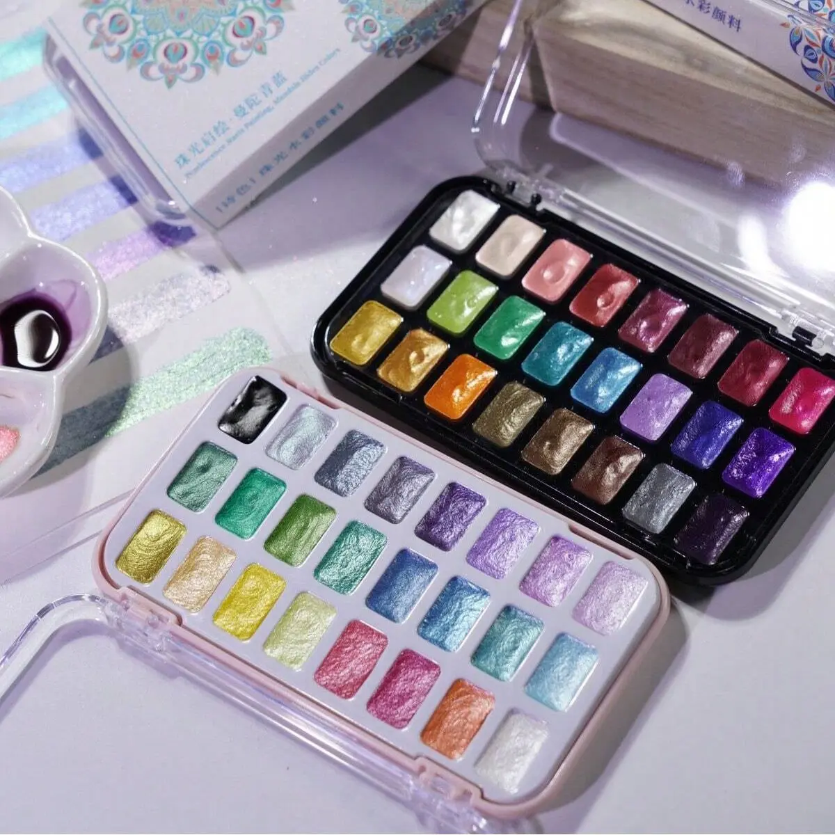 Pearlescent 24 Colors Solid Watercolor Paint Set, Art Painting Tool Kit for Nail Art, Clay Dyeing, Hand Painted Calligraphy, Craft Accessories, Watercolor Painting Supplies, Diy Painting Supplies, Art Materials