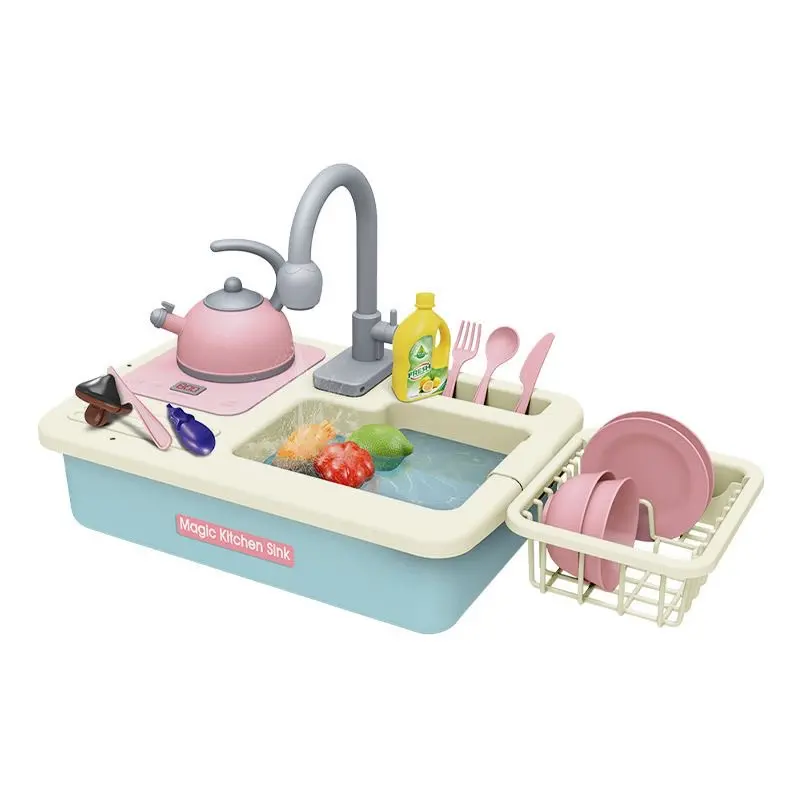 Cute Stone Unisex Play Kitchen Junior Toy Set - Pretend Sink with Running Water, Upgraded Electric Faucet, Realistic Play Food, Cooking Learning Kit for Spring Day Gifting, Junior Toys