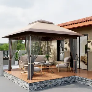 Garvee 12'x12' Pop Up Gazebo, Double Roof Canopy Tent with Mosquito Netting, Outdoor Gazebo for Backyard, Garden, Lawns, Patio, Brown