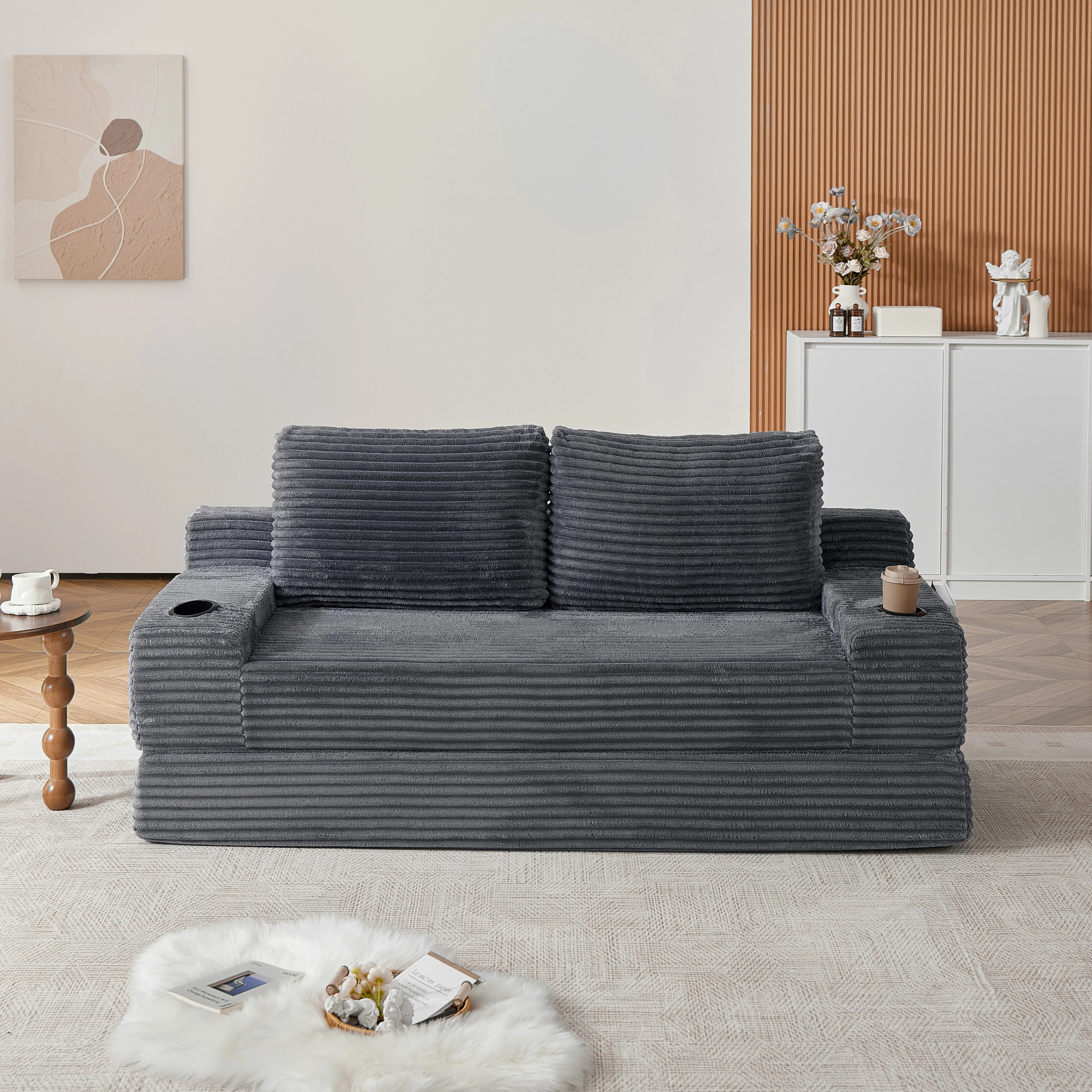 Eyisean 70.8" Corduroy Boneless Loveseat Sleeper Sofa Bed, 3-in-1 Convertible Couch with Pull-Out Futon, Side Pockets, Handle, 2 Pillows, No Assembly, Modern Boneless Couches for Living Room, Small Space