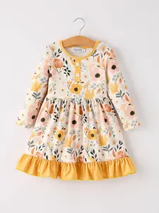 Winter Floral Long Sleeve Ruffled Girls Dress