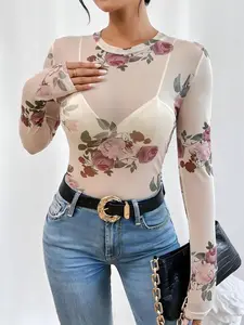 Women's High Neck Fitted Long Sleeve Top, Lady, Elastic Mesh Floral Print, Comfortable and Stylish, Perfect for Daily Wear, Womenswear