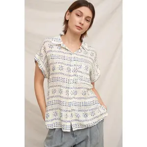 Emmy Drop Shoulder Shirt  Ivory/Blue