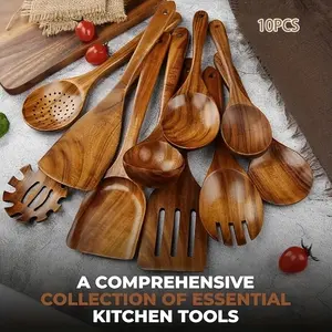10-Piece High-End Cookware Set, Non-Stick Heat-Resistant Kitchen Tools, Natural Wood Wooden Cooking Tools, Utensils, Ergonomic Handle Design, Wooden Spatulas, Spoons, Ideal for Mixing, Cooking, Baking, Perfect Holiday Gift