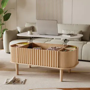 40" Lift Top Coffee Table with Storage, Faux Marble Tabletop & Solid Rubber Wood Legs, Mid-Century Modern Lift-Up Coffee Table for Living Room Natural Oak