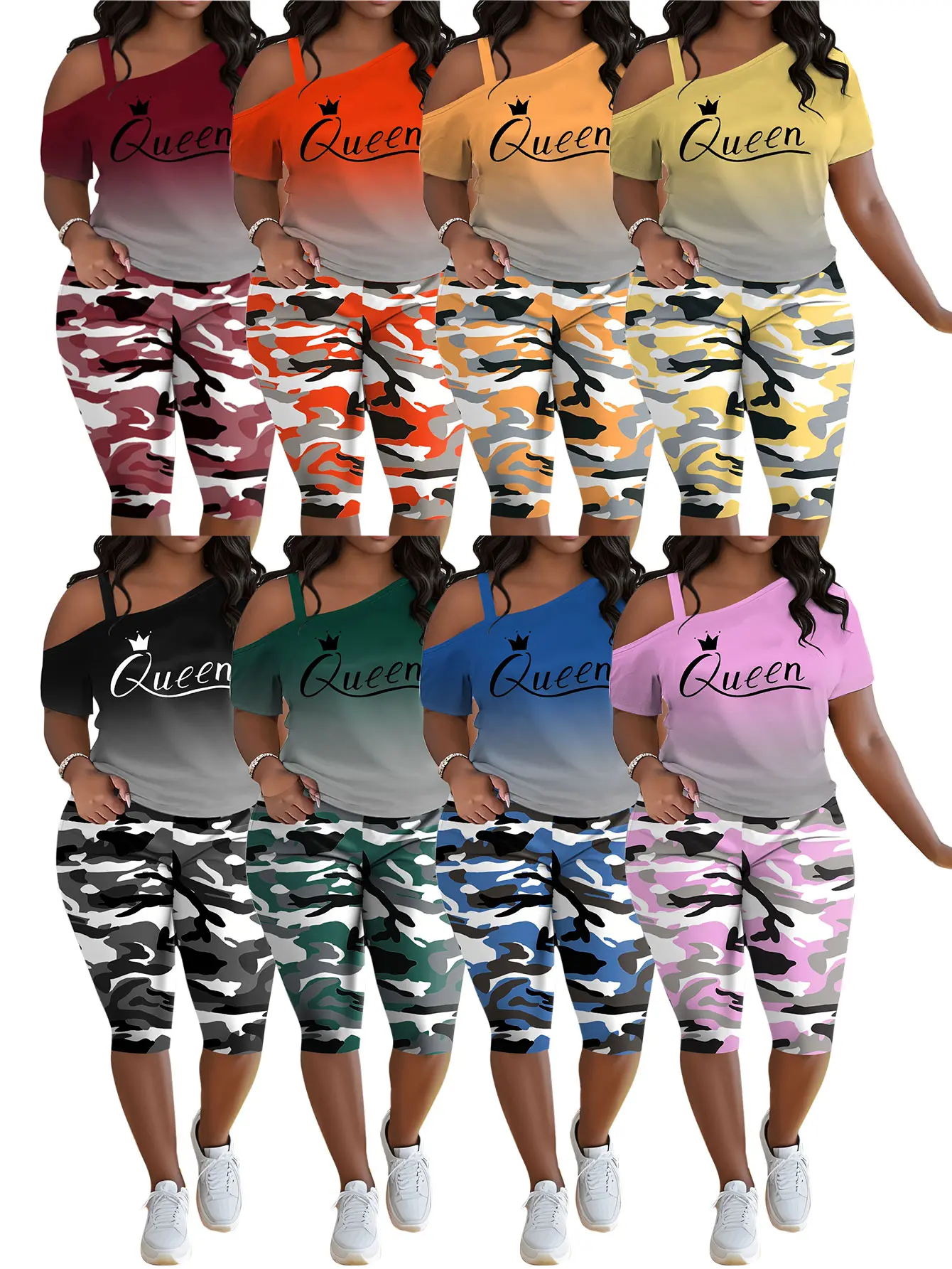 Women's 2-Piece Clothing Set - Camisole with "Queen" Lettering, Camouflage Shorts - Casual Vacation Wear
