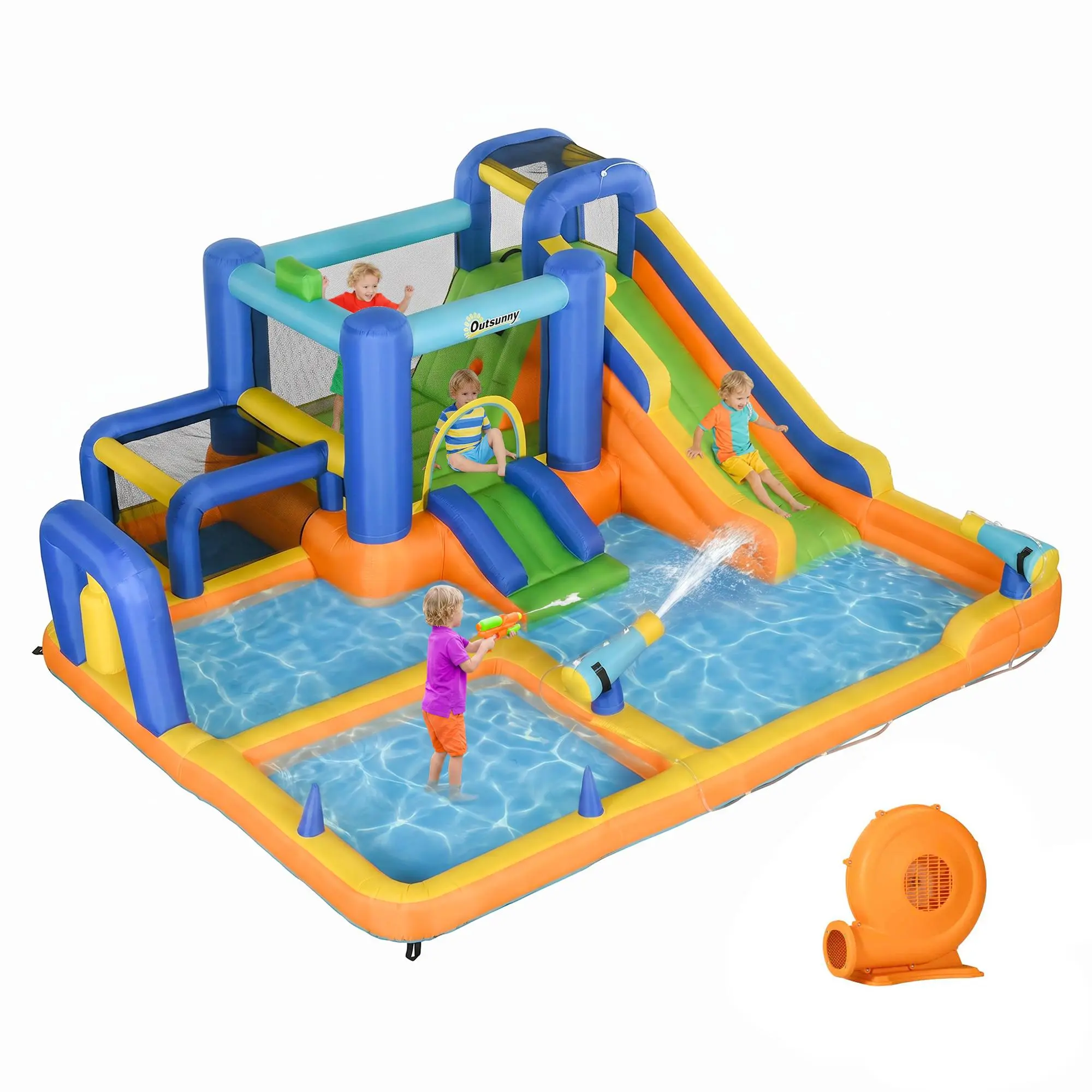 Outsunny Kids Inflatable Water Slide 7-in-1 Bounce House Water Park Jumping Castle with Water Pool, Slide, Soccer Goal, Basketball Hoop, Boxing Post Climbing Walls, & 2 Water Cannons, 450W Air Blower