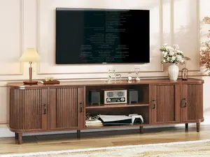 TV Stand for 75 inch TV, Mid Century Modern Entertainment Center for 55/60/65/75 inch TV, with Fluted Door Cabinets & Open Shelves, TV Consoles, Walnut