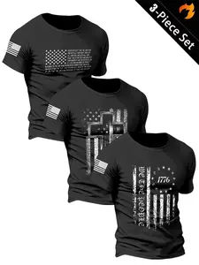 3-Pack American Flag Print Short Sleeve T-Shirts, Elastic Breathable Sport Tops, Men's 1776 Theme Round Neck T-Shirts, Loose-Fitting Street Style