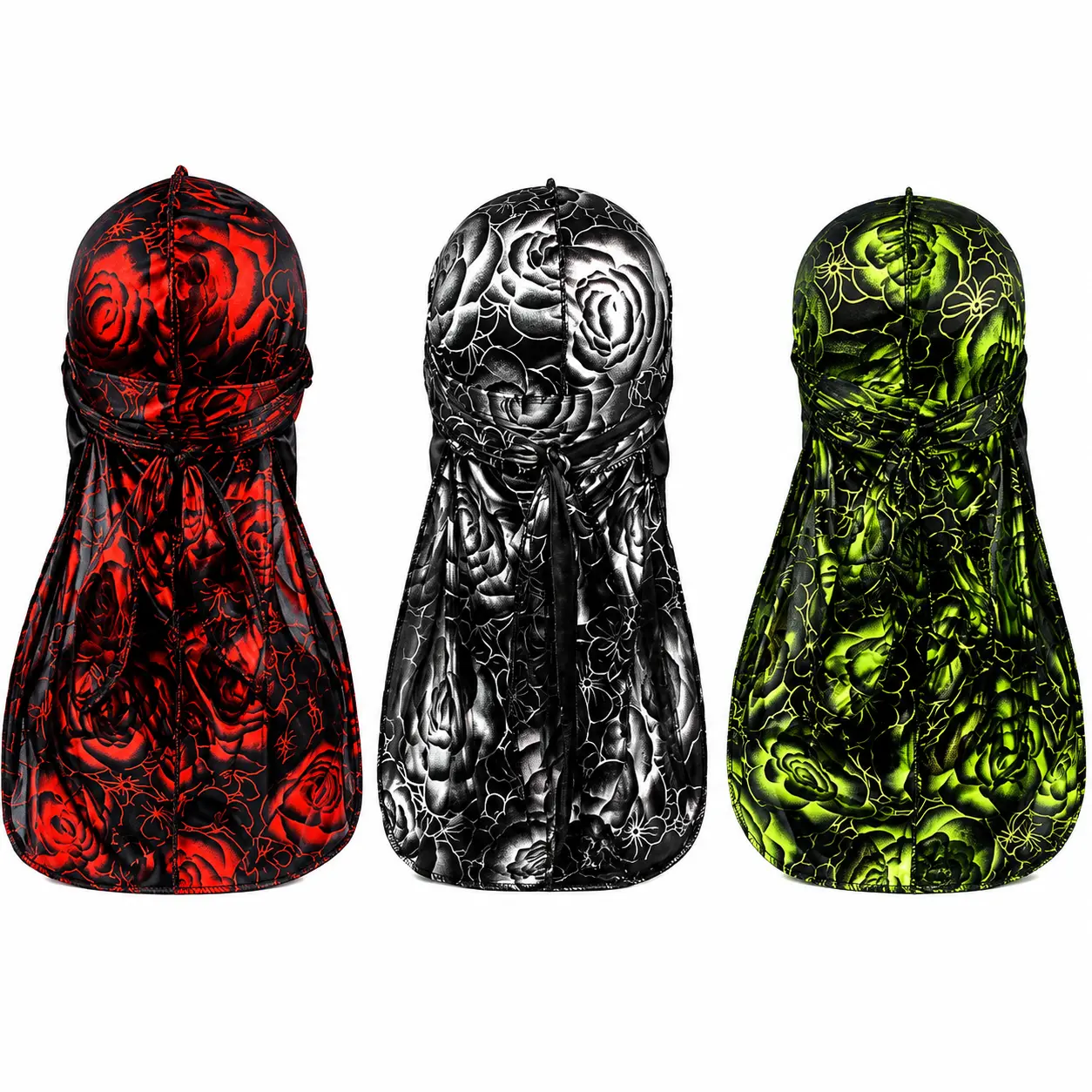 Silky Polyester Durag 3-Pack, Unisex Wave Cap with Laser Roses Design and Long Tails, Compression for 360 Waves, Daily Wear & Sleeping, Hair Scarf For Sleeping, Headscarf