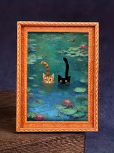 1pc Whimsical Water Lilies Funny Cat, Kitty Refrigerator Magnets - Monet Inspired Art, Black Cat and Orange Cat Design, Durable Wooden Material, Refrigerator Art, Perfect for Home & Office Decor, Holiday Gifts, and Kitchen Accessori
