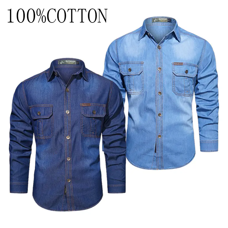 Men’s 100% cotton washed denim shirt — double pocket, vintage casual long-sleeve denim shirt; pure cotton long-sleeve shirt; men’s washed distressed workwear-style casual top