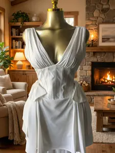 QFAF "Elegant White Halter Neck Dress with Bow Back Detail | Slim Fit Corset-Inspired Design | Layered Ruffle Skirt | Sexy V-Neck Style | Perfect for Parties, Weddings, and Formal Events | Trendy Chic Fashion Look | Must-Have for 2026 Summer Collection"