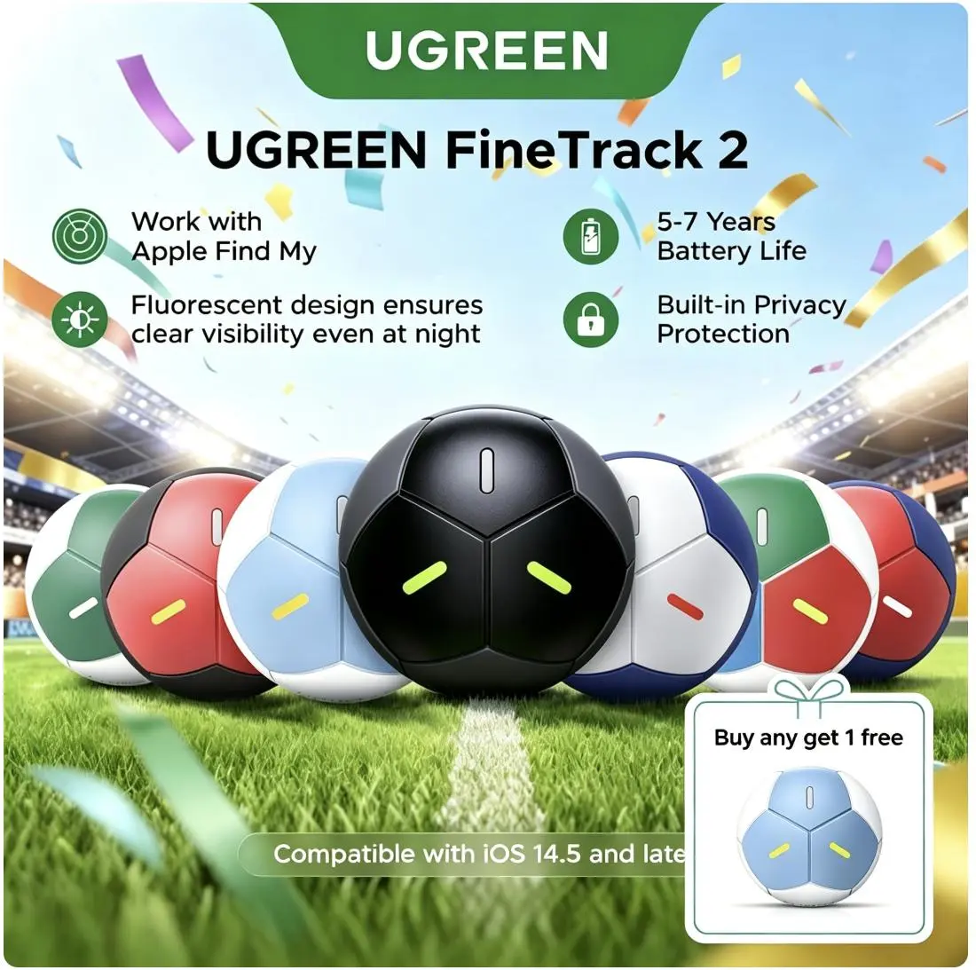 UGREEN FineTrack2 Air Wireless Tag - Soccer Shape Smart GPS Tracker, iOS-Only, Find My Sync, 7-Year Lifespan BLE Anti-Lost Key GPS Tracker, Waterproof Electronics for Keys/Bags