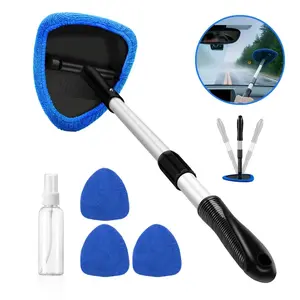 Windshield Cleaning Tool, Microfiber Car Window Cleaner with 4 Reusable and Washable Microfiber Pads and Extendable Handle