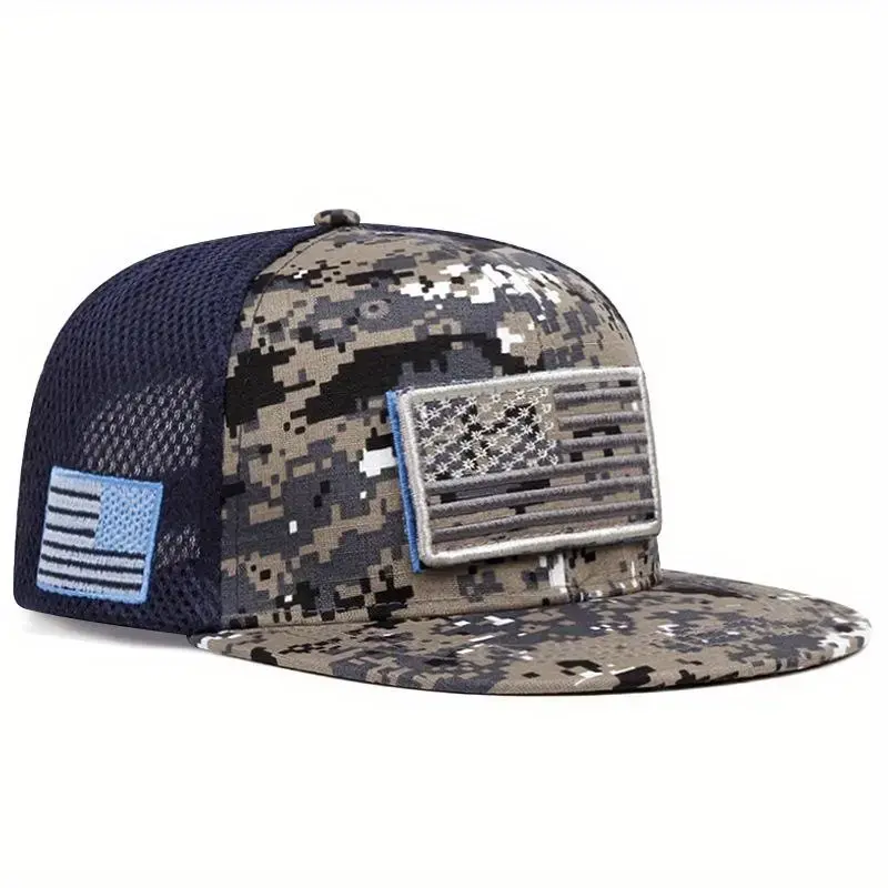 American Flag Camo Trucker Hat | Adjustable Mesh Snapback Cap | Digital Camouflage Flat Brim Baseball Hat for Men & Women