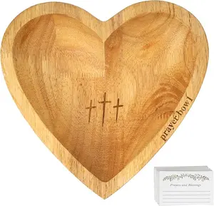 Wooden Heart Shaped Prayer Bowl with 24 Prayer Cards, Handcrafted Vintage Prayer Bowl with Cross & Letter Pattern, Religious Decorations for Home Living Room Bedroom Church, Christian Ornaments, Home Decor, Mother's Day Gifts