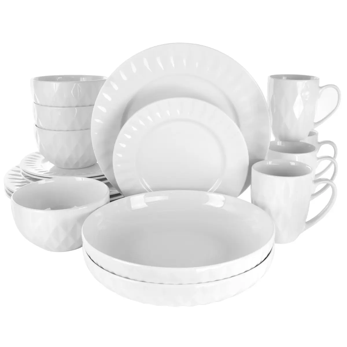212 MAIN 18-Piece Stylish Minimalist Design Sienna Porcelain Dinnerware Set - Everyday White Tableware with Geometric Diamond Indent Plates, Cutlery, Dishwasher-Safe, Microwave-Safe