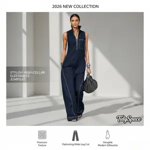 2026 Stand Collar Sleeveless Jumpsuit, Women's Half Zip Topstitching Loose Linen Cotton Wide Leg Overall