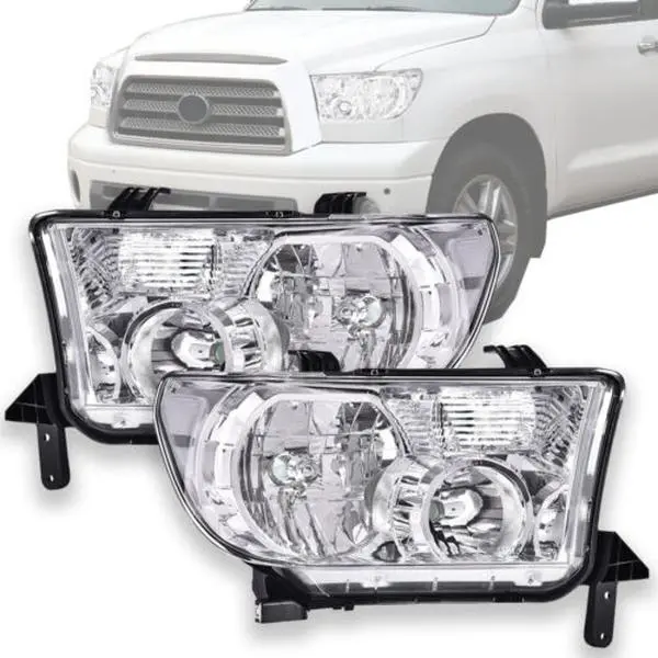 G-PLUS Headlights for 2007-2013 Toyota Tundra & 2008-2017 Toyota Sequoia Headlight Assembly Left & Right Pair Chrome Housing Clear Lens