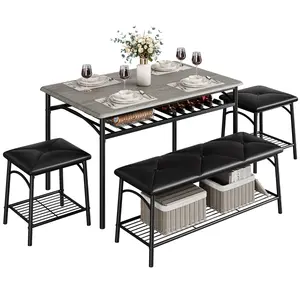 Garvee Dining Table Set for 4, Kitchen Table Set with 2 Chairs and 1 Bench, Modern Metal Frame Dining Furniture Set with Storage Rack for Small Space, Apartment, Restaurant