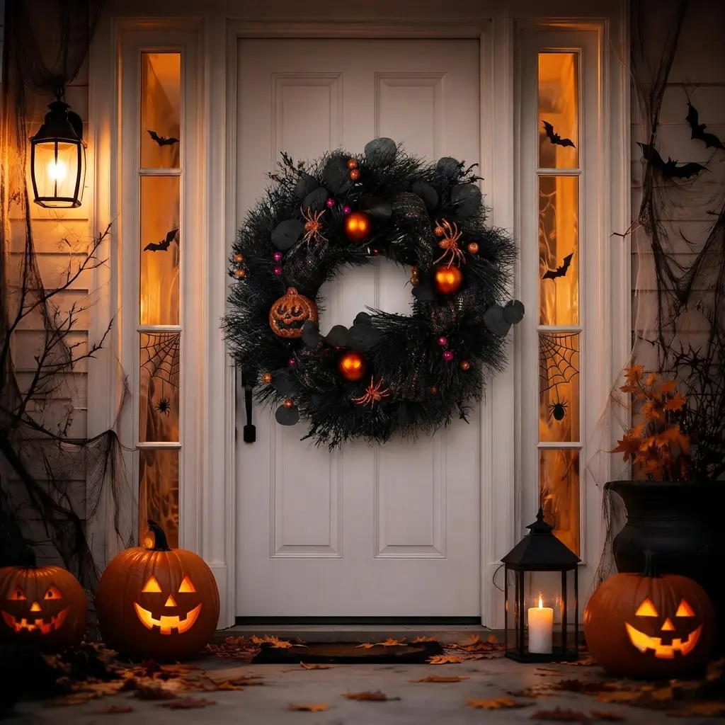 Halloween Wreath for Front Door Decor, 20" Black Artificial Wreath with Pumpkins, Spiders & Ornaments, Spooky Indoor Outdoor Hanging Ornament for Home Party Wall Window Festival Haunted House Decoration Pumpkin Lantern, Spider, Gothic Home Decoration