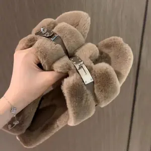 Women's Soft Furry Slippers 2025 Spring Autumn Round Toe Non-Slip Sole Adjustable Straps Elegant Home Wear Flipflop Girl Walking Shoes