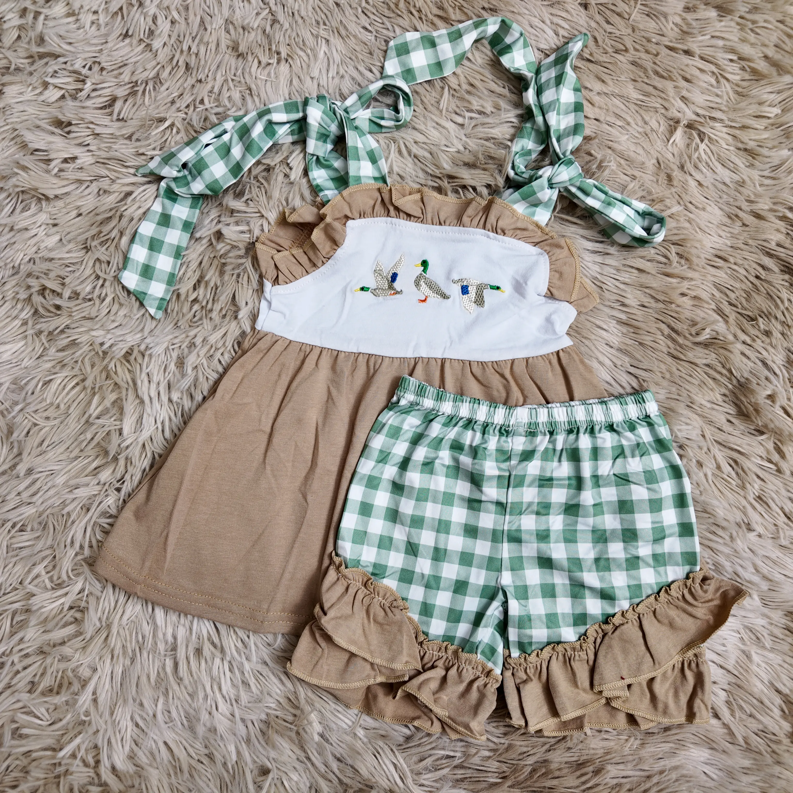 Girls' 2-Piece Boutique Cute Baby Clothes Set - Adjustable-Strap Duck Embroidery Tunic, Green Gingham Ruffle Shorts, Baby Clothes Girl, Cute Sets, Crew Neck, Gingham Fabric, Checkered Print, Playful Look, Duck Detail Pops, 2T, Adjustable Straps, 3-6M, 3T,