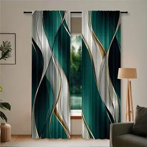 2-piece Light Luxury Green Gold Streamline Printed Filtered Curtains, durable, machine washable without deformation or color fading, easy to maintain, suitable for home decoration, Versatile setting