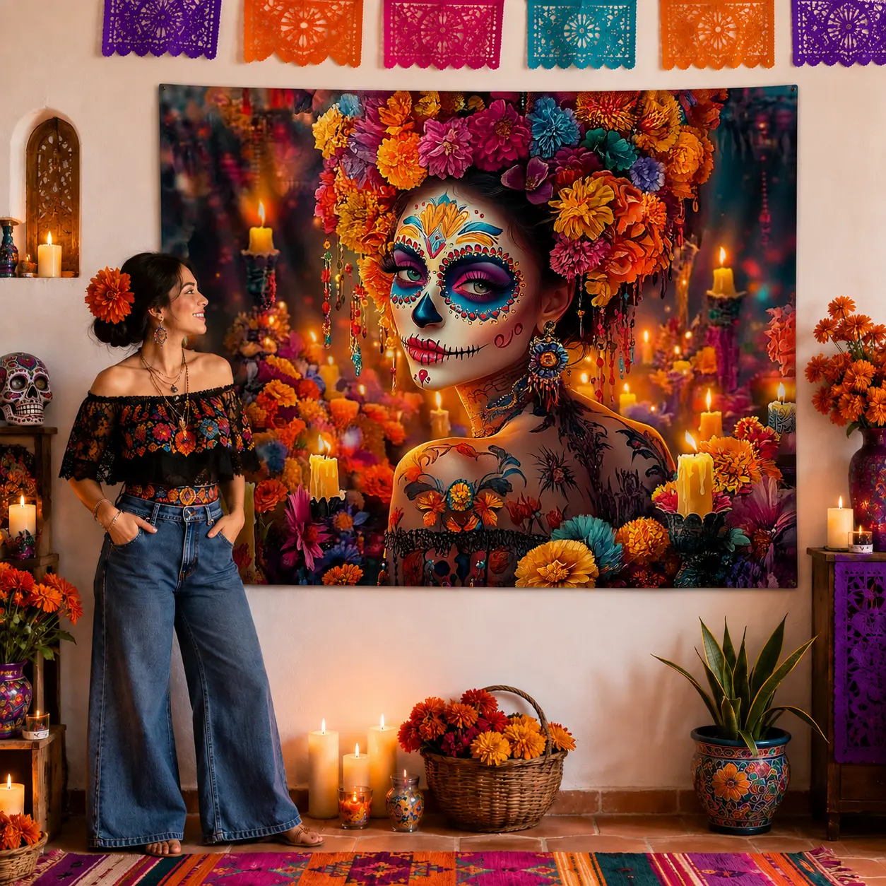 Dia De Muertos Inspired Backdrop, Colorful Sugar Skull Floral Wall Tapestry Decor