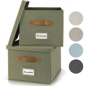 Decorative File Organizer Box Set of 2 - Collapsible Linen Filing Cabinets w/Handles Are  to Store all Your Documents & Hanging File Folders - Portable Easy Slide Crates with Lid