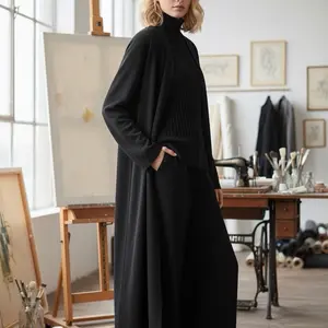3pieces Set - Stylish Black Turtleneck Sweater & Wide-Leg Pants for Women's Fashion